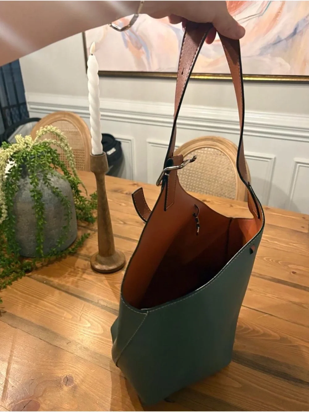 Women’s Dark Green Tote Bag with Brown Trim